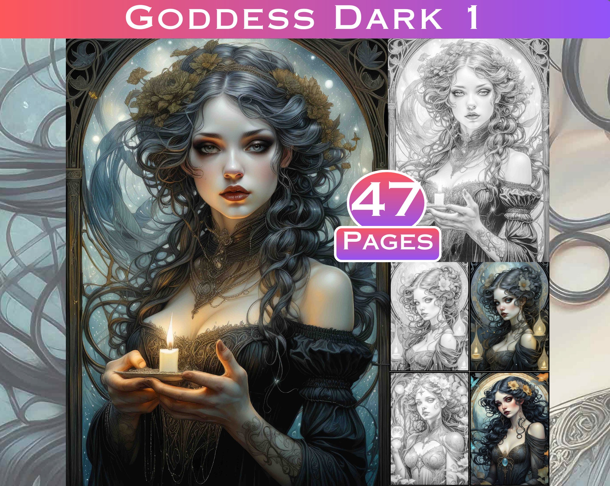 Gothic Goddess Coloring Book: Dark Beauties, Grayscale Illustrations (Commercial Use, Digital Download)