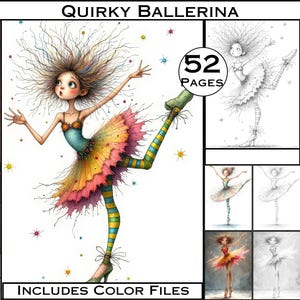 Clipart di ballerina eccentrica, acquerello, scala di grigi, pagine da colorare per adulti, scrapbooking, creazione di biglietti, kit di download digitale, fantasy, arte stravagante