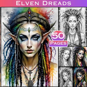 May include: A colorful illustration of an elf with long, braided hair. The elf has a crown on their head and is wearing necklaces. The image is part of a coloring book with 50 pages.