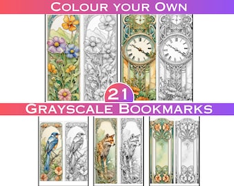 Grayscale Bookmarks to Color Set of 21 Bookmarks - Inspired by Art Nouveau Style Floral Animals Insects Bookmarks to Print at Home Digital