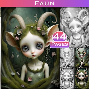 Könnte beinhalten: Digitaler Kunstdruck mit einem skurrilen Faun mit großen Augen, Hörnern und floralen Akzenten. Das Bild enthält eine Collage zusätzlicher Faun-Illustrationen mit dem Text "FAUN" oben und "44 PAGES" in einem kreisförmigen Abzeichen.
