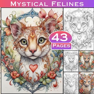 May include: A coloring book featuring a mystical cat with intricate details and floral patterns. The cover features a colorful illustration of the cat with a heart on its chest. The book has 43 pages.