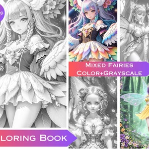 47 Fairies Grayscale Coloring Pages: Commercial Use Printable (Digital Download)
