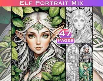 May include: A coloring book featuring 47 pages of elf portraits. The cover features a detailed illustration of an elf with long white hair, green eyes, and intricate green and white foliage surrounding her.