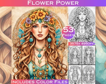 Flower Power Girls: Grayscale Coloring Book for Adults (Digital Download)