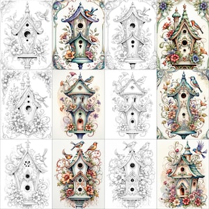 May include: A digital coloring page featuring 12 different birdhouses with intricate details and birds perched on them. The birdhouses are surrounded by flowers and vines. The page is divided into 12 sections, each with a different birdhouse design.