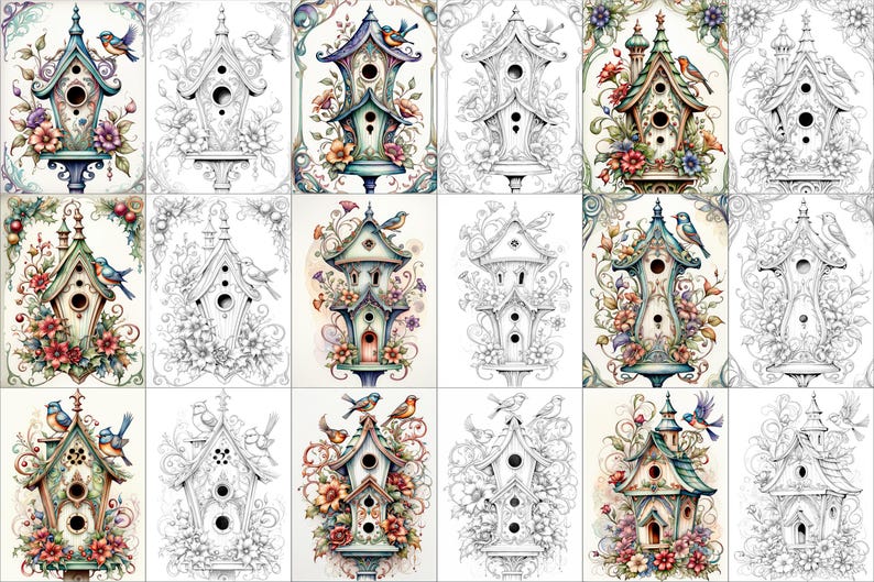 May include: A digital coloring page featuring 12 different birdhouses with intricate details and birds perched on them. The birdhouses are surrounded by flowers and vines. The page is divided into 12 sections, each with a different birdhouse design.