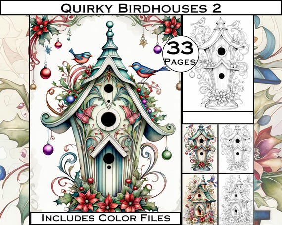 Art Nouveau Birdhouses Coloring Book: Grayscale Animals (Digital Download)