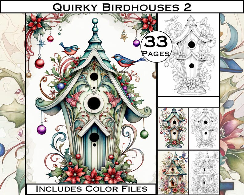 May include: A whimsical, intricately detailed birdhouse with a blue and white color scheme, adorned with holly, poinsettias, and ornaments. The birdhouse has a whimsical, ornate design with a variety of textures and patterns. The image includes the text "Quirky Birdhouses 2" and "Includes Color Files".