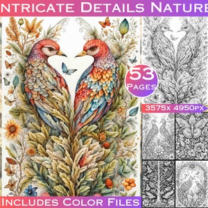 Intricate Details Nature Grayscale Adult Colouring Book with Full Colour Digital Files Included, Commercial Use for Products Included