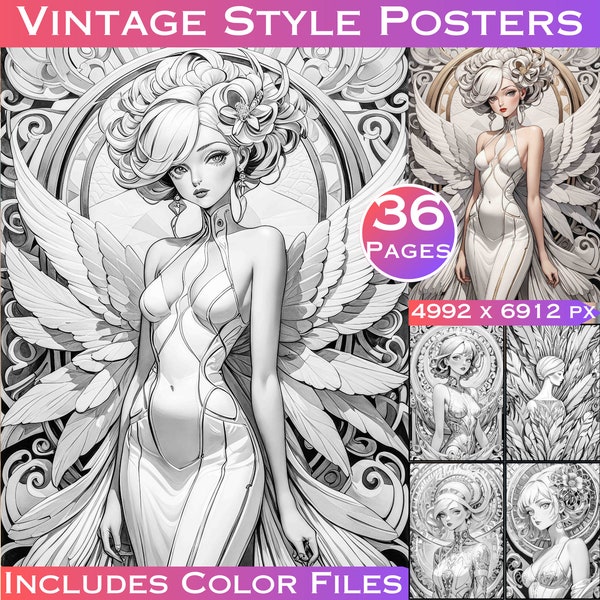 36 Vintage Styled Posters Grey Scale Digital Colouring Pages for Adults Fantasy Coloring. Grayscale Coloring Book Printable Digital Download