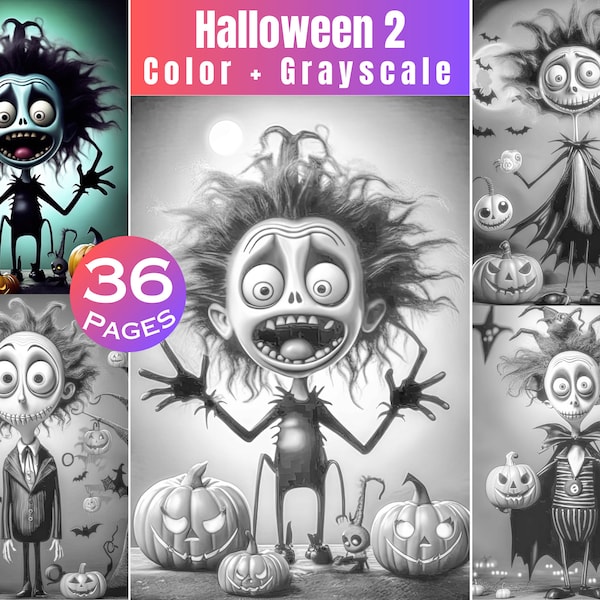 36 Halloween 2 Tim Burton Coloring Pages Full Color plus Grey scale Versions Commercial Use Digital Download Adult Coloring to Print at Home