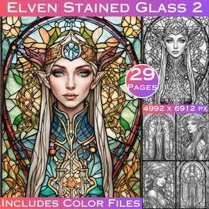 May include: A stained glass coloring book featuring an elf with long white hair and a crown. The elf is surrounded by floral designs. The book includes 29 pages and is 4992 x 6912 pixels. The image also includes the text "Elven Stained Glass 2" and "Includes Color Files".