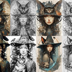 Grayscale Witches Coloring Pages: Art Nouveau Fantasy (Digital Download) image 7