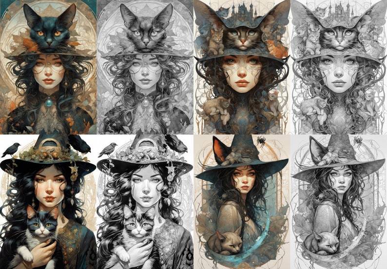 Grayscale Witches Coloring Pages: Art Nouveau Fantasy (Digital Download) image 7