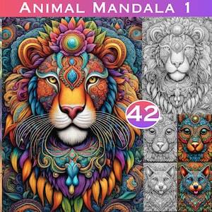 42 Mandala de animales Set 1 con hermosos bordes florales Páginas para colorear en escala de grises Libro para colorear para adultos imprimible Descargar ilustración en escala de grises