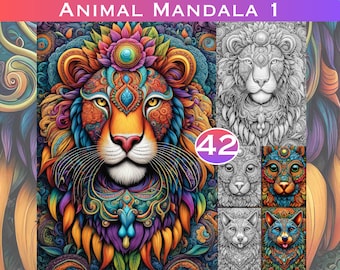 Animal Mandala Coloring Book: 42 Grayscale Floral Designs (Digital Download)
