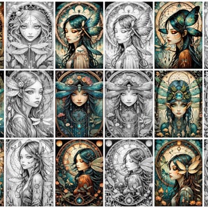 May include: A digital collage of 18 images featuring colourful and black and white illustrations of women with dragonfly wings. Each image has a circular frame with a dreamcatcher design.