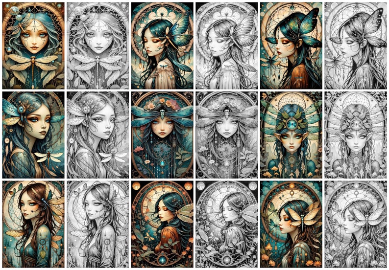 May include: A digital collage of 18 images featuring colourful and black and white illustrations of women with dragonfly wings. Each image has a circular frame with a dreamcatcher design.