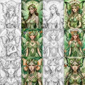 Op de afbeelding: Een digitale kleurplaat met tien verschillende illustraties van fee&euml;n met vleugels, bloemen en natuur-ge&iuml;nspireerde ontwerpen. De fee&euml;n zijn zowel in kleur als in zwart-wit afgebeeld, waardoor creatief kleuren mogelijk is.