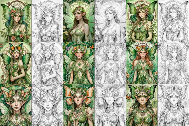Op de afbeelding: Een digitale kleurplaat met tien verschillende illustraties van fee&euml;n met vleugels, bloemen en natuur-ge&iuml;nspireerde ontwerpen. De fee&euml;n zijn zowel in kleur als in zwart-wit afgebeeld, waardoor creatief kleuren mogelijk is.