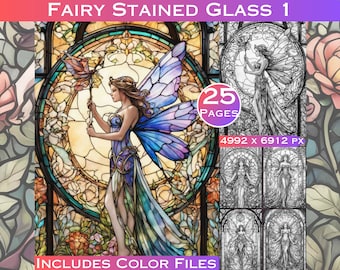 25 Stained Glass Fairies Grayscale Coloring Book Set 1 Adult Coloring Pages Grayscale pages from LargeDigitalPrints Commercial Use Products