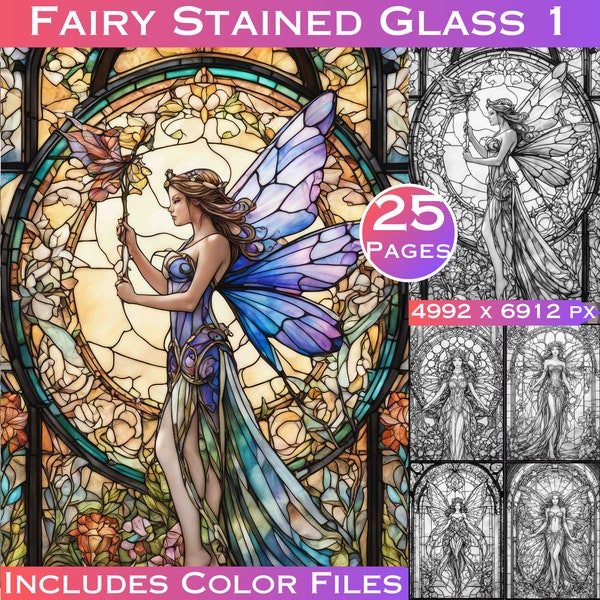 25 Stained Glass Fairies Grayscale Coloring Book Set 1 Adult Coloring Pages Grayscale pages from LargeDigitalPrints Commercial Use Products