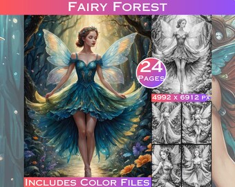 Forest Fairy Grayscale Coloring Book: 24 Fantasy Pages (Digital Download)