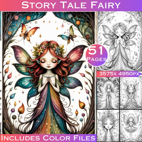 51 pages à colorier numériques Story Tale Fairy en niveaux de gris. Livre de coloriage pour adultes fantaisie en niveaux de gris. Téléchargement numérique avec fichiers couleur inclus