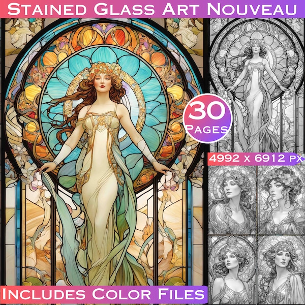 30 Livre de coloriage de vitraux Art Nouveau inspiré par Alphonse Mucha et la beauté intemporelle de l’Art Nouveau Coloriage en niveaux de gris pour adultes