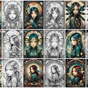 May include: A collage of 18 digital illustrations featuring a fairy-like figure with wings and a clock face. The figure is depicted in various poses and colour schemes, including black and white, blue and green, and red and brown.