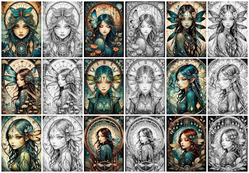 May include: A collage of 18 digital illustrations featuring a fairy-like figure with wings and a clock face. The figure is depicted in various poses and colour schemes, including black and white, blue and green, and red and brown.