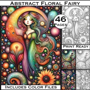 以下が含まれることがあります： 「Abstract Floral Fairy」と題されたデジタルアートプリント。長い髪とドレスを着たカラフルな妖精が特徴です。このアートワークには、ヒマワリとカラフルなオーブの背景が含まれています。このプリントは「印刷可能」で、カラーファイルが含まれています。