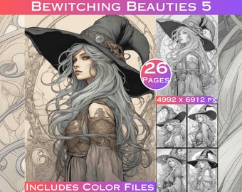 May include: A grayscale illustration of a witch with long, flowing hair wearing a pointed hat and a long, flowing dress. The image includes the text "Bewitching Beauties 5", "26 Pages", "4992 x 6912 PX", and "Includes Color Files".