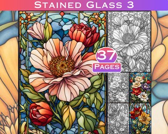 Floral Stained Glass Coloring Page: 38 Grayscale Flower Designs (Printable PDF)