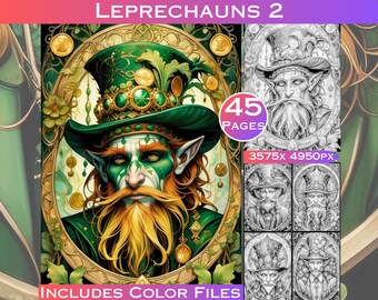 45 Leprechauns Set 2 St Patrick's Day Greyscale Colouring Pages Fantasy Irish Folklore Creatures Art Nouveau  Printable Adult Coloring Pages