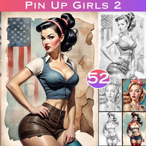 52 Vintage Pin Up Girls 2 Grayscale Coloring Sexy Fairy Coloring Book Adult  Coloring Book Adult Grayscale Book Grayscale LargeDigitalPrints