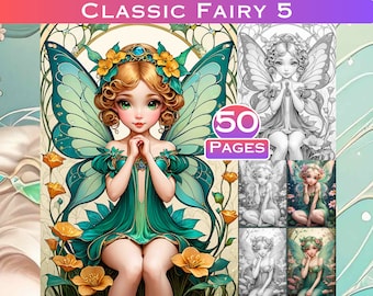 50 páginas para colorear de hadas clásicas en escala de grises: Libro de colorear de fantasía para adultos (Descarga digital)