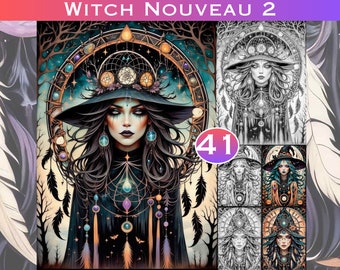 Hexenstil Ausmalbilder: Fantasy Jugendstil Graustufen (Digitaler Download)