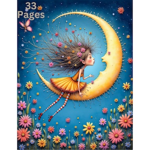 Quirky Moon Fairy Girl 2 Digital Coloring Book for Adults Fantasy Moon Fairy Sitting on the Crescent Moon Grayscale Coloring Pages.