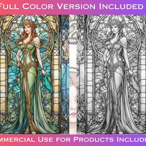 May include: A stained glass style illustration of a woman in a green dress with a crown and a blue scarf. The background is a stained glass window with floral designs.