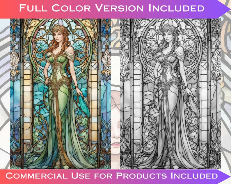 May include: A stained glass style illustration of a woman in a green dress with a crown and a blue scarf. The background is a stained glass window with floral designs.