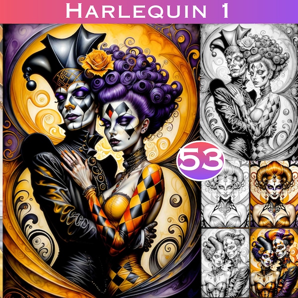 Harlequin 1 Adult Relaxation Greyscale Coloring Book with Color Files Included. Commercial Use on Physical Products LargeDigitalPrints