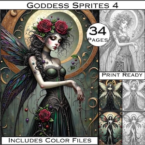 May include: Digital art print titled "Goddess Sprites 4" featuring a fantasy illustration of a fairy-like woman with dark hair, a floral crown, and elaborate wings. The image includes the text "34 PAGES", "PRINT READY", and "INCLUDES COLOR FILES".