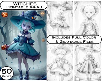 May include: A set of 50 printable coloring pages featuring cute witches with pumpkins. The pages include full color and grayscale versions.  "WITCHES PRINTABLE A4-A3" is written at the top of the image.