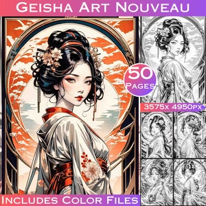 50 pages à colorier de geisha Art nouveau en niveaux de gris (téléchargement numérique)