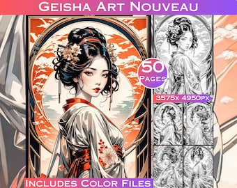 50 Art Nouveau Japanese Geisha Grayscale Digital Coloring Page Geisha Dress Coloring book, Geisha Fashion Art, Geisha Girl,Geisha Japan