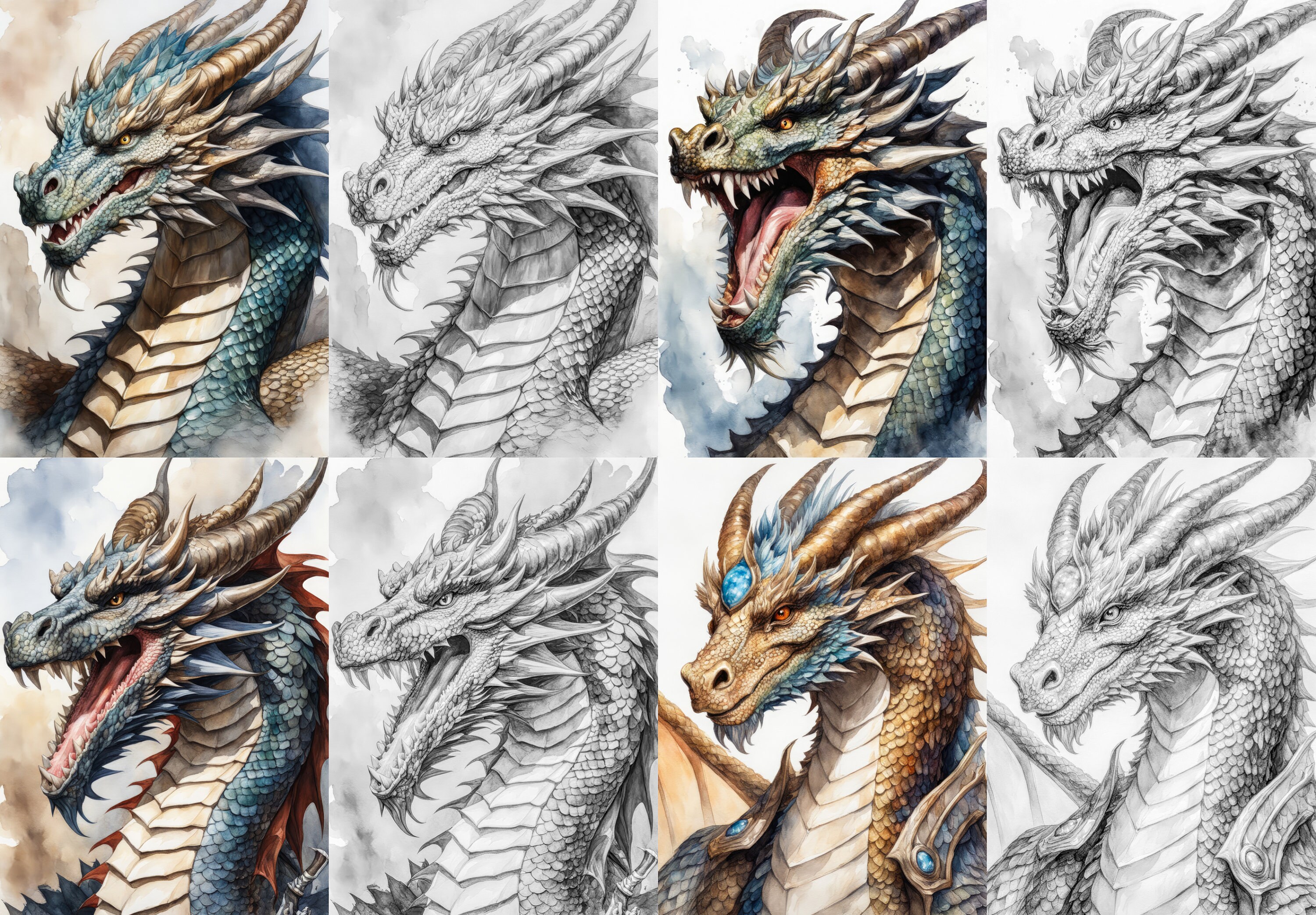 30 Majestic Dragons Coloring Pages: Grayscale Fantasy Art (commercial ...
