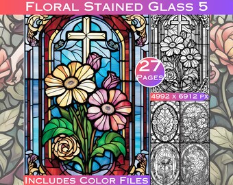 Floral Stained Glass Coloring Pages: 27 Page Collection (Printable PDF)