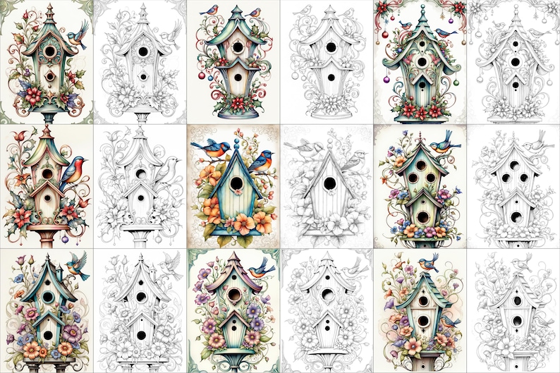 May include: A digital coloring book page featuring 16 different birdhouse designs. Each birdhouse is surrounded by intricate floral details and has a variety of birds perched on the branches. The birdhouses are painted in a variety of colors, including blue, green, red, and yellow.